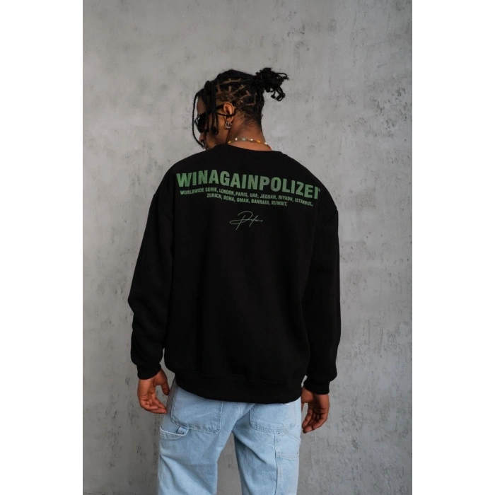 Erkek Oversize Sweatshirt – Siyah Renk | Ön ve Sırt Baskılı, Üç İplik İçi Pamuklu Kumaş, Rahat Kalıp, Ribanalı Kışlık Sweat | Winagain Polizei Serisi - Siyah