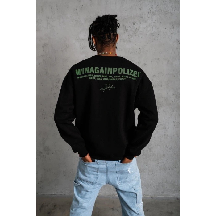 Erkek Oversize Sweatshirt – Siyah Renk | Ön ve Sırt Baskılı, Üç İplik İçi Pamuklu Kumaş, Rahat Kalıp, Ribanalı Kışlık Sweat | Winagain Polizei Serisi - Siyah