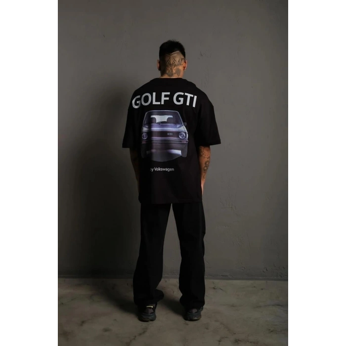 Erkek Oversize Tişört Golf GTI Retro Araba Baskılı T-shirt - Siyah