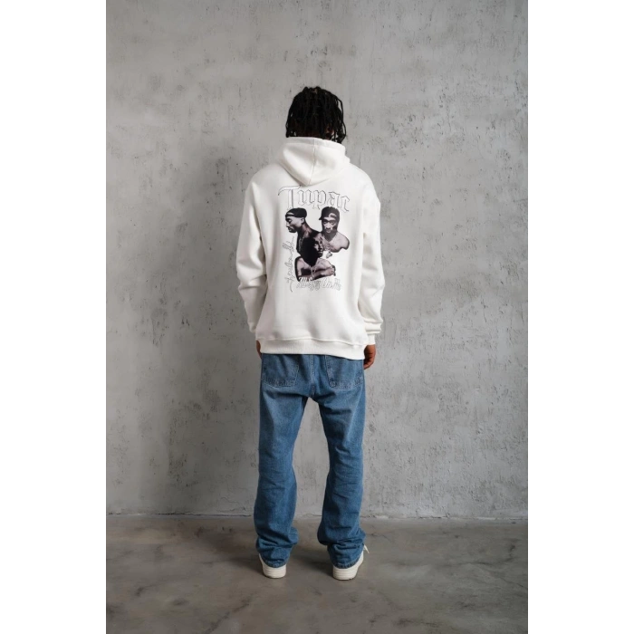 Erkek Oversize Üç İplik Kapüşonlu Sweat – Kol ve Etek Ribana Detaylı, Ön ve Sırt Baskılı, Kanguru Cepli Rahat Kalıp Model - Beyaz