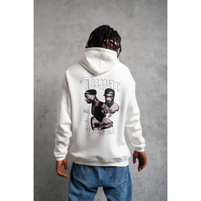 Erkek Oversize Üç İplik Kapüşonlu Sweat – Kol ve Etek Ribana Detaylı, Ön ve Sırt Baskılı, Kanguru Cepli Rahat Kalıp Model - Beyaz