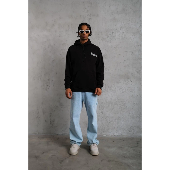 Erkek Oversize Üç İplik Kapüşonlu Sweat – Siyah Kol ve Etek Ribana Detaylı, Ön ve Sırt Baskılı, Kanguru Cepli Rahat Kalıp Model