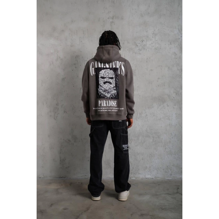 Erkek Paradise Baskılı Kapüşonlu Sweat - Gri