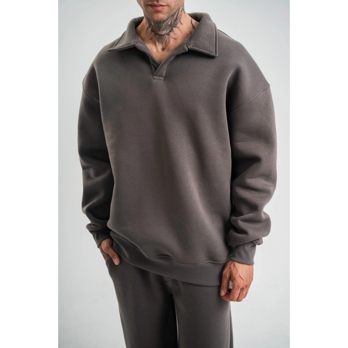 Erkek Patlı Yaka Üç İplik Pamuklu Sweatshirt Double Oversize Rahat Kalıp Günlük Kullanım - Füme