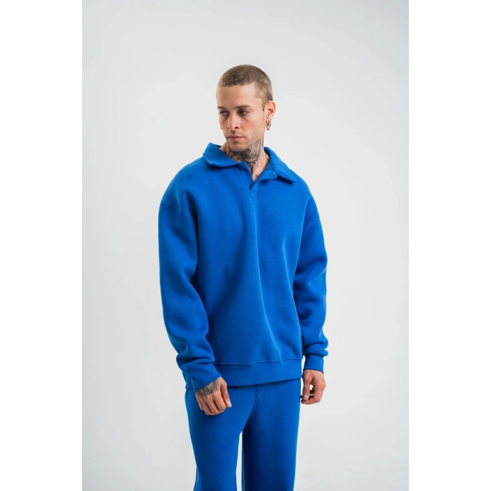Erkek Patlı Yaka Üç İplik Pamuklu Sweatshirt Double Oversize Rahat Kalıp Günlük Kullanım - Mavi