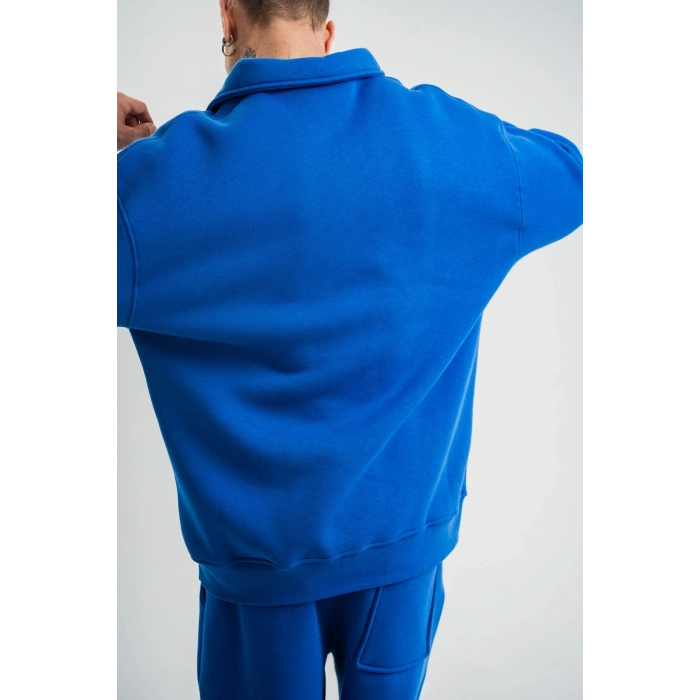 Erkek Patlı Yaka Üç İplik Pamuklu Sweatshirt Double Oversize Rahat Kalıp Günlük Kullanım - Mavi