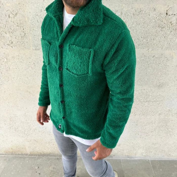 Erkek Pelüş Polar Hırka Gömlek – Yakalı, İlik Düğmeli, Göğüs Cepli, Yumuşak Dokulu Kışlık Regular Fit Rahat Günlük Model - Çimen Yeşili