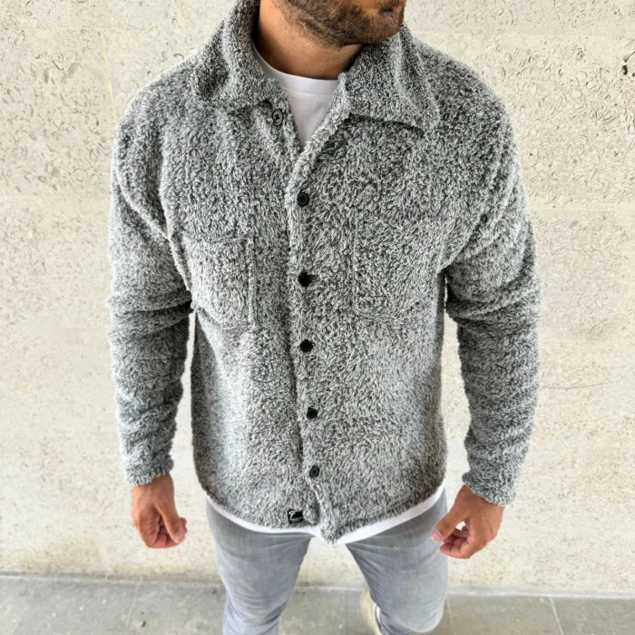 Erkek Pelüş Polar Hırka Gömlek – Yakalı, İlik Düğmeli, Göğüs Cepli, Yumuşak Dokulu Kışlık Regular Fit Rahat Günlük Model - Gri