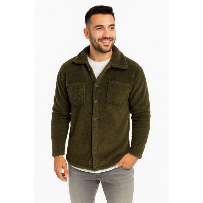 Erkek Pelüş Polar Hırka Gömlek – Yakalı, İlik Düğmeli, Göğüs Cepli, Yumuşak Dokulu Kışlık Regular Fit Rahat Günlük Model - Haki