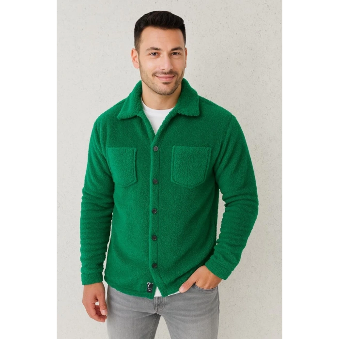 Erkek Pelüş Polar Hırka Gömlek – Yakalı, İlik Düğmeli, Göğüs Cepli, Yumuşak Dokulu Kışlık Regular Fit Rahat Günlük Model - Çimen Yeşili