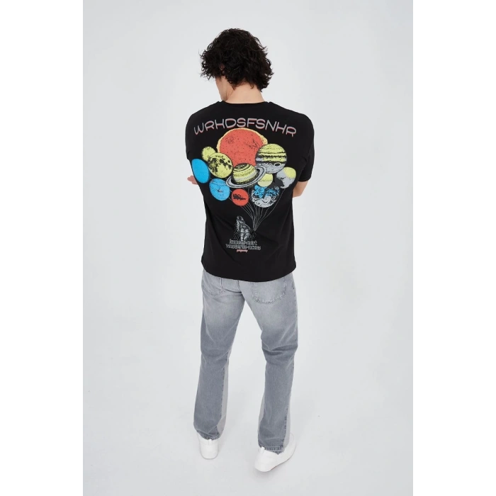 Erkek Baskılı T-Shirt Kısa Kol Bisiklet Yaka Regular Fit Rahat Kalıp Günlük Tişört - Siyah