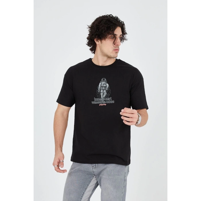 Erkek Baskılı T-Shirt Kısa Kol Bisiklet Yaka Regular Fit Rahat Kalıp Günlük Tişört - Siyah