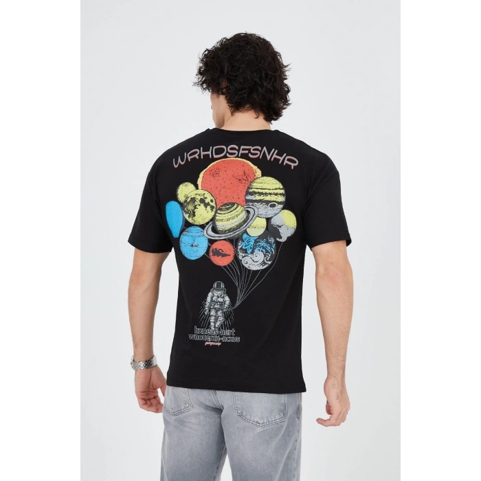 Erkek Baskılı T-Shirt Kısa Kol Bisiklet Yaka Regular Fit Rahat Kalıp Günlük Tişört - Siyah