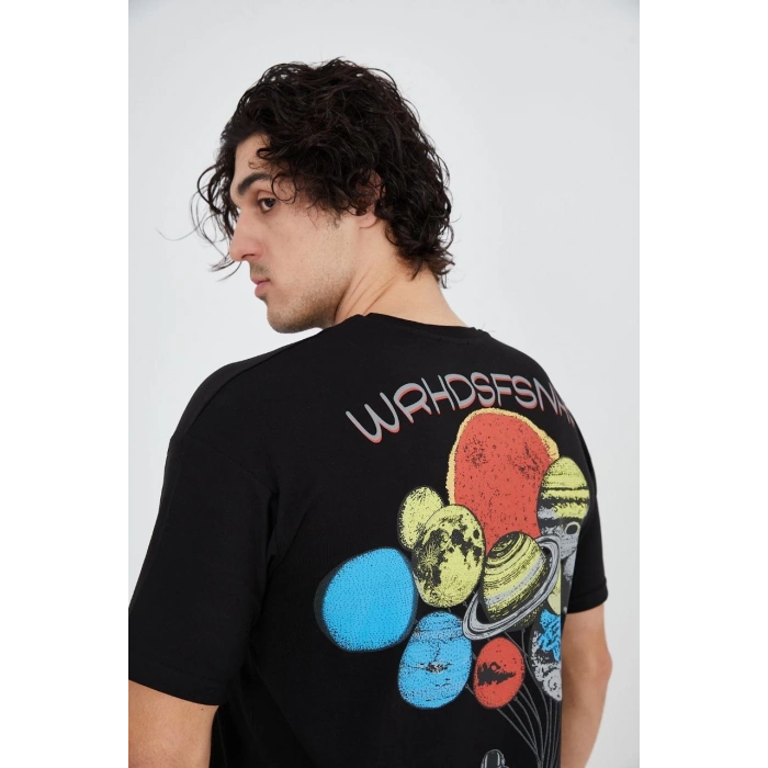 Erkek Baskılı T-Shirt Kısa Kol Bisiklet Yaka Regular Fit Rahat Kalıp Günlük Tişört - Siyah