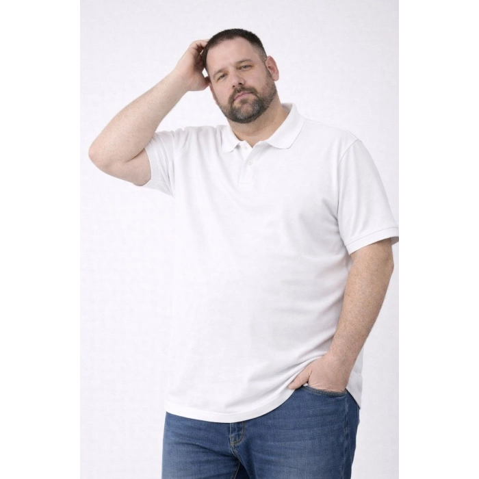 Erkek Pike Kumaş Düğmeli Yaka Battal Büyük Beden Günlük Kısa kol Tişört T-shirt - Beyaz