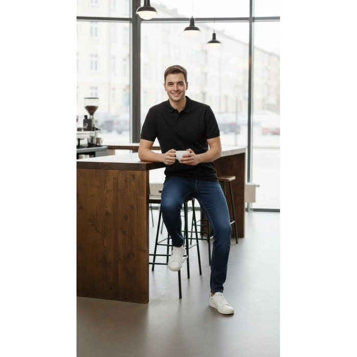 Erkek Pike Kumaş Düğmeli Yaka Regular Fit Günlük Kısa kol Tişört T-shirt - Siyah