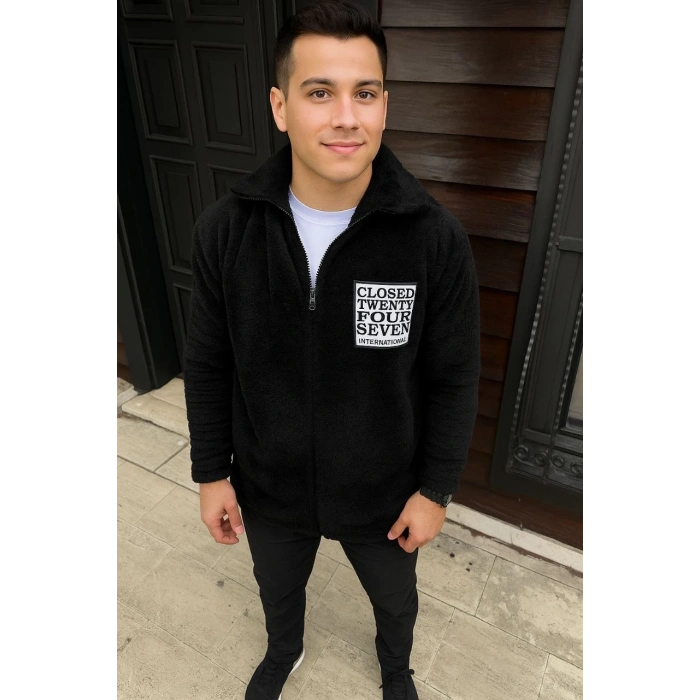 Erkek Polar Fermuarlı Sweatshirt – Kapüşonsuz, Cepli, Yumuşak Dokulu, Oversize Rahat Kalıp, Kışlık Sıcak Tutan Fermuarlı Üst - Siyah