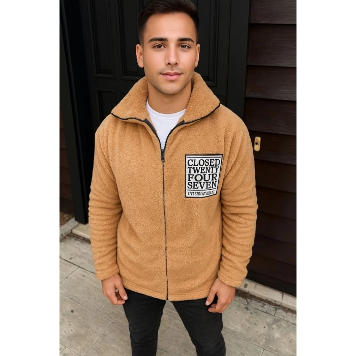 Erkek Polar Fermuarlı Sweatshirt – Kapüşonsuz, Cepli, Yumuşak Dokulu, Oversize Rahat Kalıp, Kışlık Sıcak Tutan Fermuarlı Üst - Kahverengi