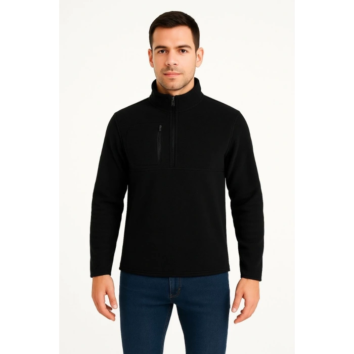 Erkek Polar Kazak – Dik Yaka, Yarım Fermuarlı, Fermuarlı Göğüs Cepli, Siyah Biyeli, Kışlık Rahat Regular Fit Günlük Model - Siyah