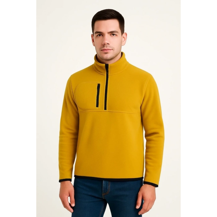 Erkek Polar Kazak – Dik Yaka, Yarım Fermuarlı, Fermuarlı Göğüs Cepli, Siyah Biyeli, Kışlık Rahat Regular Fit Günlük Model - Sarı