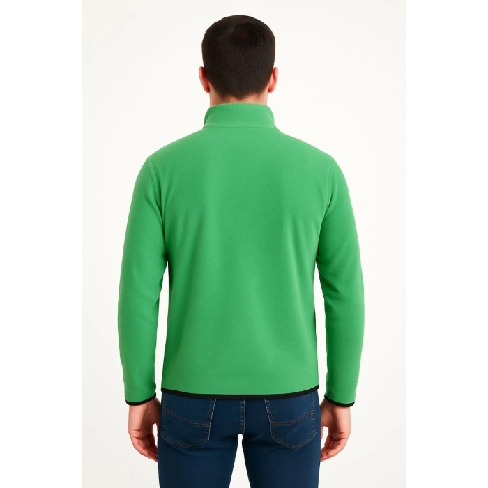 Erkek Polar Kazak – Dik Yaka, Yarım Fermuarlı, Fermuarlı Göğüs Cepli, Siyah Biyeli, Kışlık Rahat Regular Fit Günlük Model - Yeşil