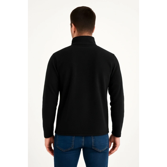 Erkek Polar Kazak – Dik Yaka, Yarım Fermuarlı, Fermuarlı Göğüs Cepli, Siyah Biyeli, Kışlık Rahat Regular Fit Günlük Model - Siyah