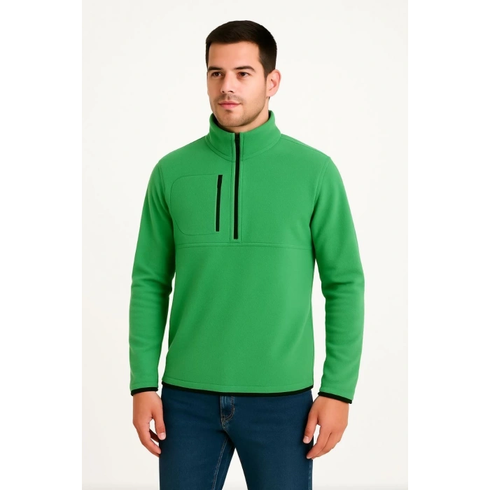 Erkek Polar Kazak – Dik Yaka, Yarım Fermuarlı, Fermuarlı Göğüs Cepli, Siyah Biyeli, Kışlık Rahat Regular Fit Günlük Model - Yeşil