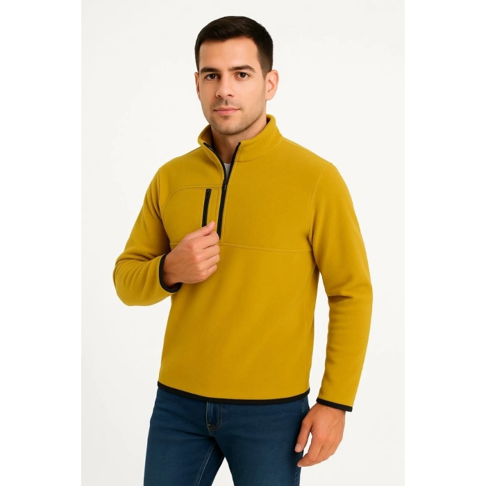 Erkek Polar Kazak – Dik Yaka, Yarım Fermuarlı, Fermuarlı Göğüs Cepli, Siyah Biyeli, Kışlık Rahat Regular Fit Günlük Model - Sarı
