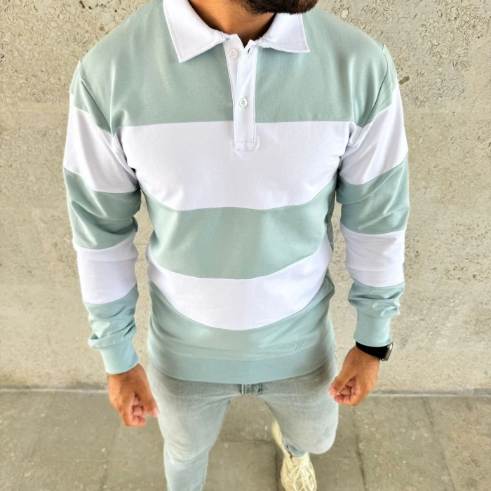 Erkek Polo Yaka Uzun Kollu Çizgili Sweatshirt Trend Rugby Stil - Çağla Yeşili