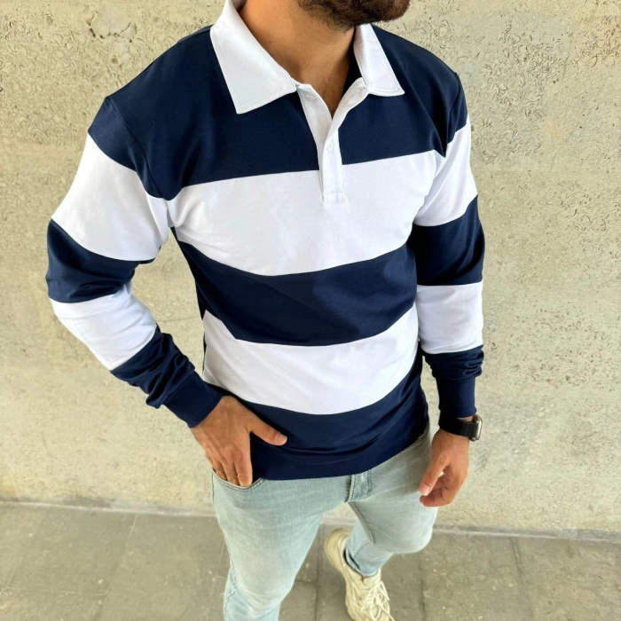 Erkek Polo Yaka Uzun Kollu Çizgili Sweatshirt Trend Rugby Stil - Lacivert