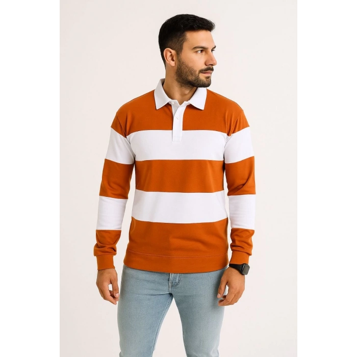 Erkek Polo Yaka Uzun Kollu Çizgili Sweatshirt Trend Rugby Stil - Turuncu
