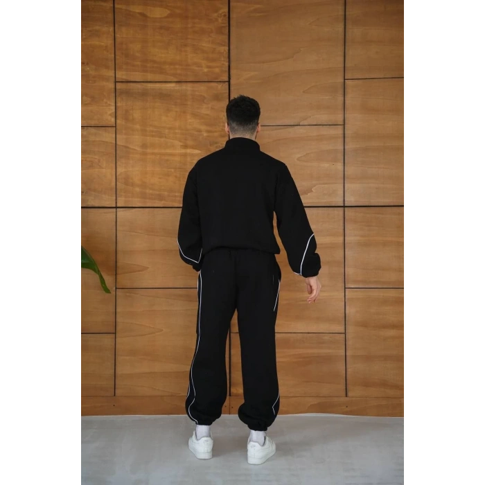 Erkek Premium Parçalı Eşofman Takım - Dik Yaka Fermuarlı Biyeli Sweatshirt Lastik Paça Alt, Oversize 3 iplik Şardonlu - Siyah