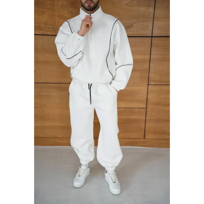Erkek Premium Parçalı Eşofman Takım - Dik Yaka Fermuarlı Biyeli Sweatshirt Lastik Paça Alt, Oversize 3 iplik Şardonlu - Beyaz