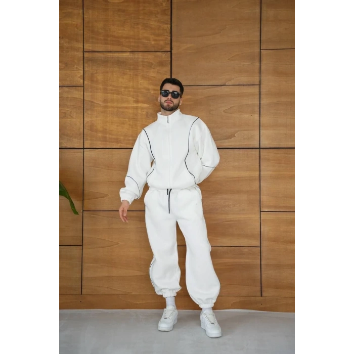 Erkek Premium Parçalı Eşofman Takım - Dik Yaka Fermuarlı Biyeli Sweatshirt Lastik Paça Alt, Oversize 3 iplik Şardonlu - Beyaz