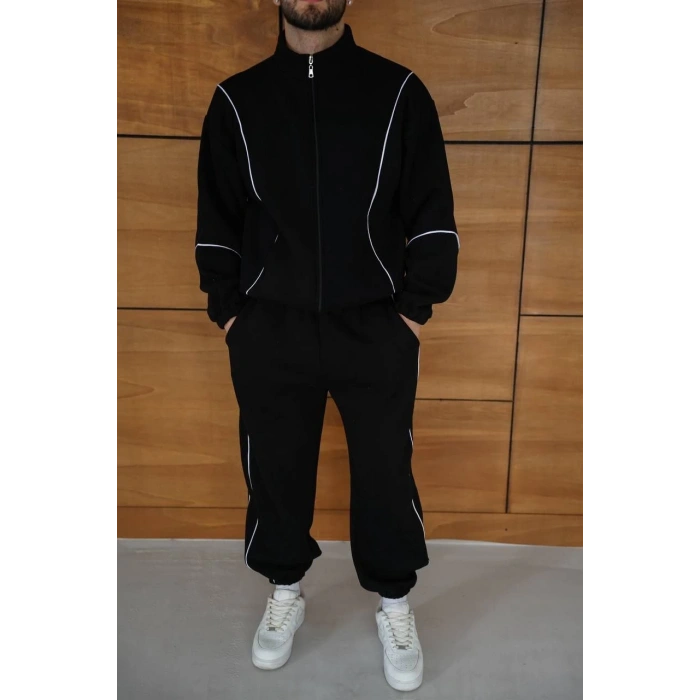 Erkek Premium Parçalı Eşofman Takım - Dik Yaka Fermuarlı Biyeli Sweatshirt Lastik Paça Alt, Oversize 3 iplik Şardonlu - Siyah