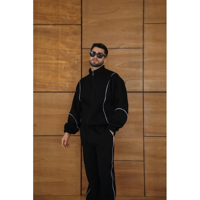 Erkek Premium Parçalı Eşofman Takım - Dik Yaka Fermuarlı Biyeli Sweatshirt Lastik Paça Alt, Oversize 3 iplik Şardonlu - Siyah