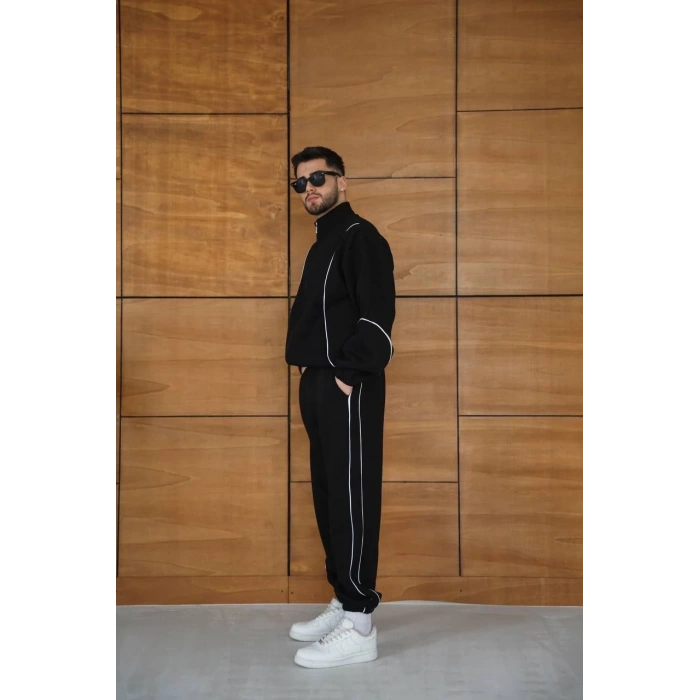 Erkek Premium Parçalı Eşofman Takım - Dik Yaka Fermuarlı Biyeli Sweatshirt Lastik Paça Alt, Oversize 3 iplik Şardonlu - Siyah