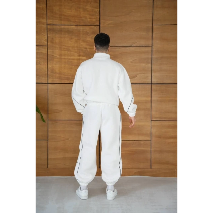 Erkek Premium Parçalı Eşofman Takım - Dik Yaka Fermuarlı Biyeli Sweatshirt Lastik Paça Alt, Oversize 3 iplik Şardonlu - Beyaz
