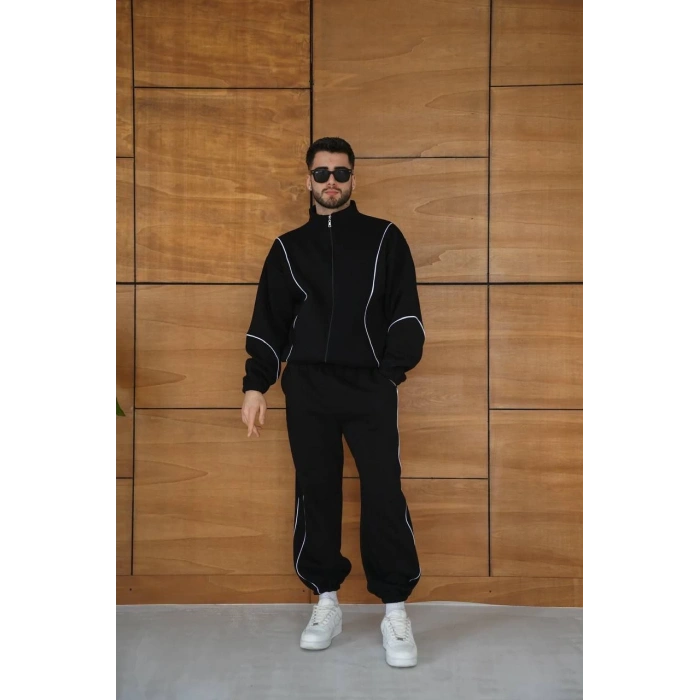 Erkek Premium Parçalı Eşofman Takım - Dik Yaka Fermuarlı Biyeli Sweatshirt Lastik Paça Alt, Oversize 3 iplik Şardonlu - Siyah