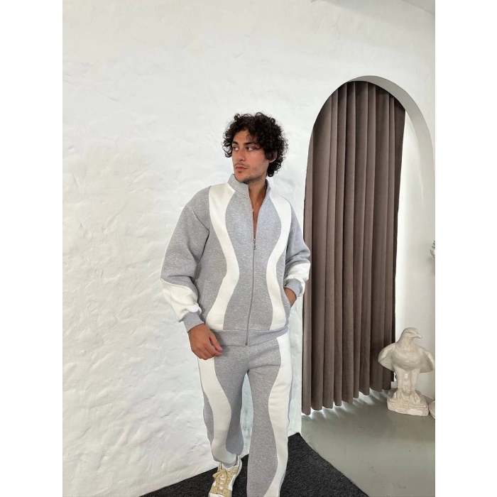 Erkek Premium Parçalı Eşofman Takım - Dik Yaka Fermuarlı Sweatshirt, - Gri