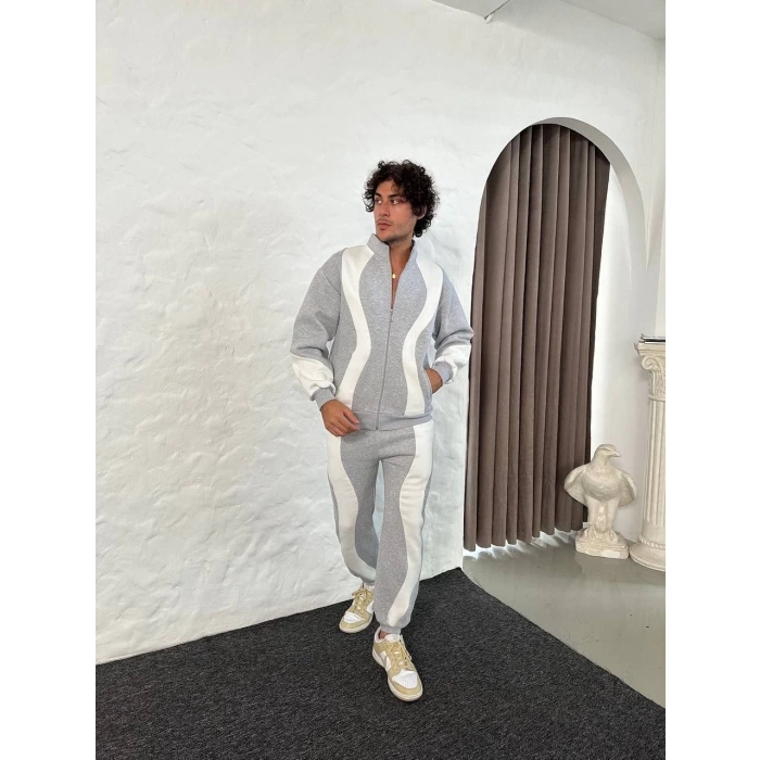 Erkek Premium Parçalı Eşofman Takım - Dik Yaka Fermuarlı Sweatshirt, - Gri