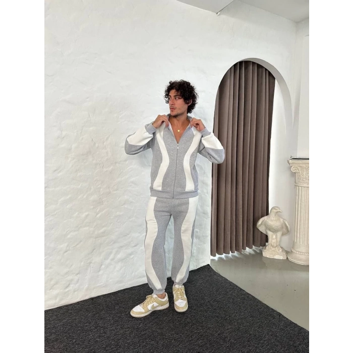 Erkek Premium Parçalı Eşofman Takım - Dik Yaka Fermuarlı Sweatshirt, - Gri