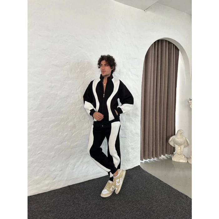 Erkek Premium Parçalı Eşofman Takım - Dik Yaka Fermuarlı Sweatshirt, - Siyah