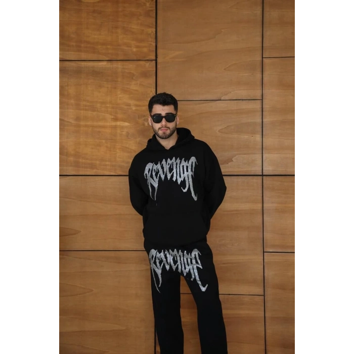 Erkek Premium Taş Baskılı Eşofman Takım Revenge Model (Siyah) Kapüşonlu Üst + Taşlı Baskılı Alt Modern Streetwear Tarzı Oversize Rahat Kalıp 3 iplik Pamuklu - Siyah