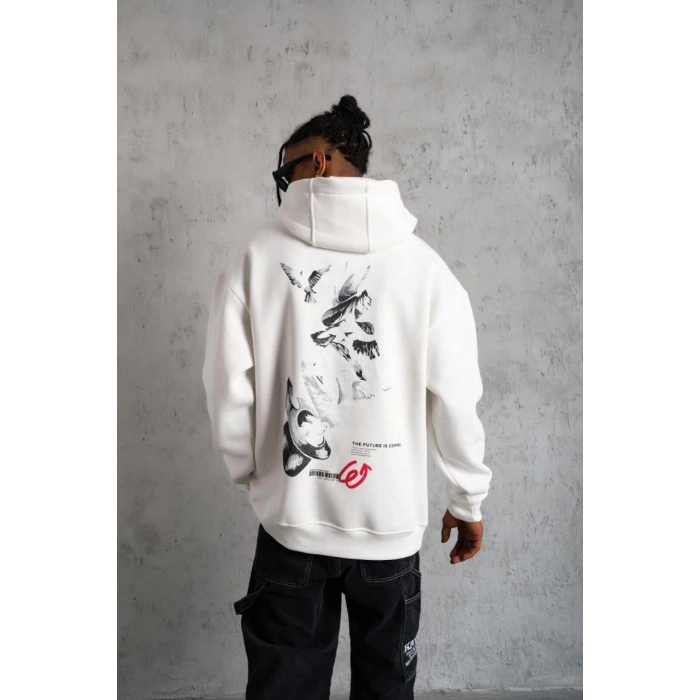 Erkek Şapkalı Güvercin Baskılı Kapşonlu Sweat - Beyaz