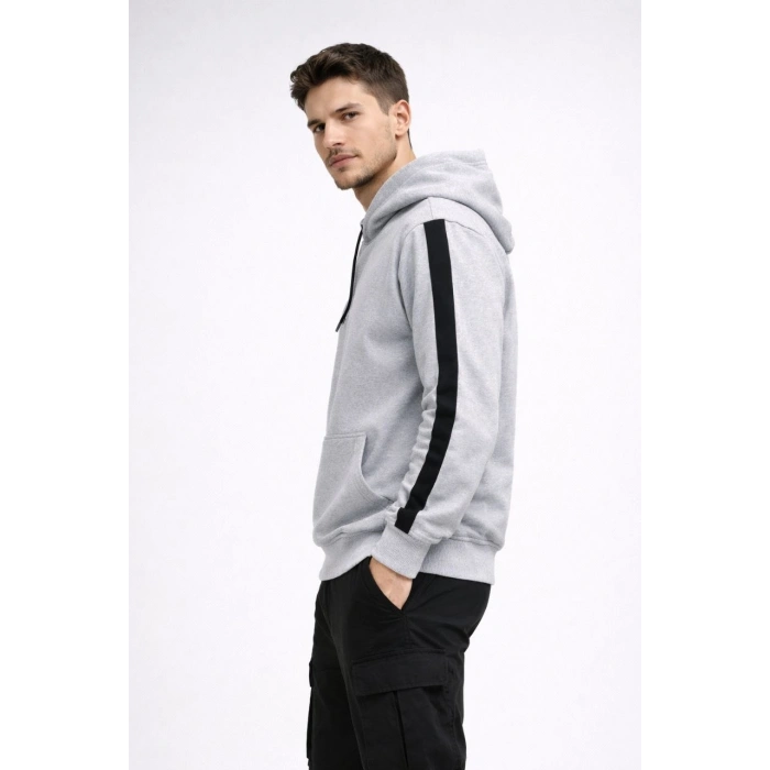 Erkek Şeritli Kapüşonlu Sweatshirt Oversize 3 iplik Pamuklu - Beyaz