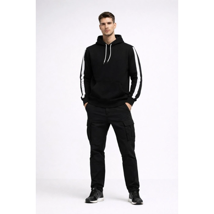 Erkek Şeritli Kapüşonlu Sweatshirt Oversize 3 iplik Pamuklu - Siyah