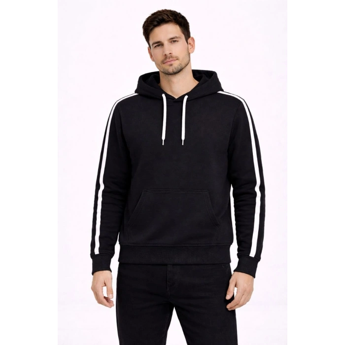 Erkek Şeritli Kapüşonlu Sweatshirt Oversize 3 iplik Pamuklu - Siyah