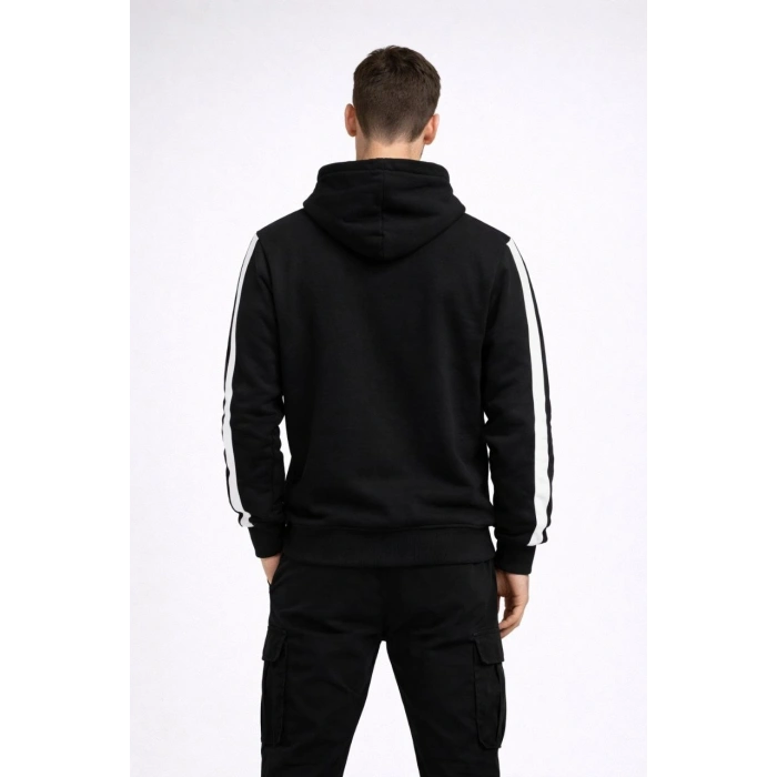 Erkek Şeritli Kapüşonlu Sweatshirt Oversize 3 iplik Pamuklu - Siyah