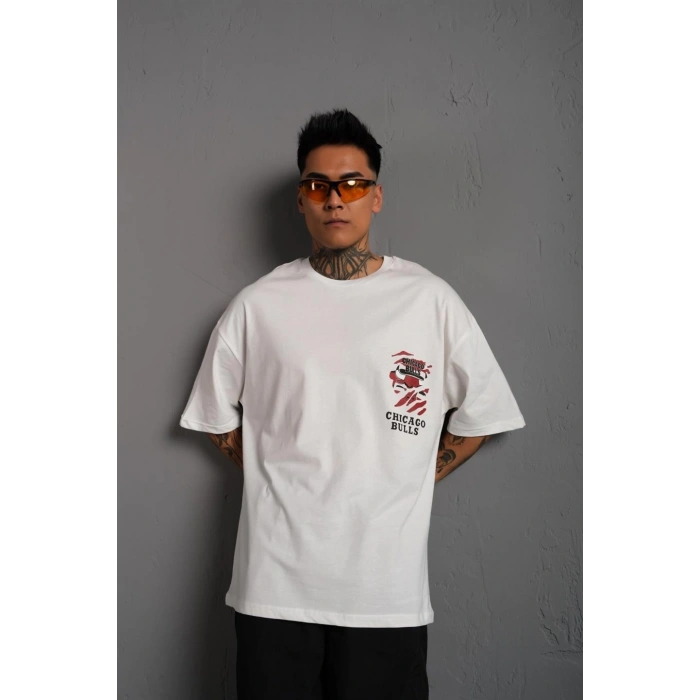 Erkek Sırt Baskılı A Kalite Oversize T-shirt - Beyaz
